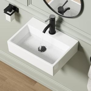 Wall Mounted Bathroom Vessel Sink, QISHKA 19" X 14" Rectangular Floating Ceramic Wash Hand Basin White Wall Hung Vanity Sink for Bathroom and Cloakroom