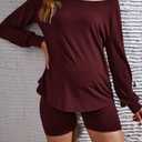WDIRARA Women's 2 Piece Outfits Ribbed Short Sleeve Drop Shoulder Tee and Shorts Set Maternity Medium, Maternity Maroon