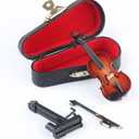 Wooden Miniature Violin with Stand, Bow and Case Mini Musical Instrument Violin Replica Collectible Figurines Dollhouse Accessories Model Home Decoration Display Ornament (3.15"x1.18"x0.59")