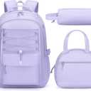 Fimibuke Kids Backpack for Girls, 3 PCS Waterproof Girls Backpack with Lunch Box & Pencil Case, Lightweight Bookbag Set for Kids Teen Girl Travel School Bag for Elementary Middle High School Students Purple