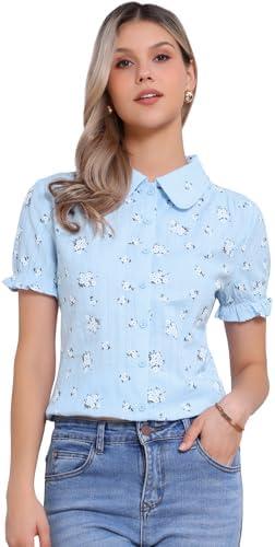 Allegra K Women's Peter Pan Collar Shirt Cotton Vintage Short Sleeve Button Down Shirt, XL