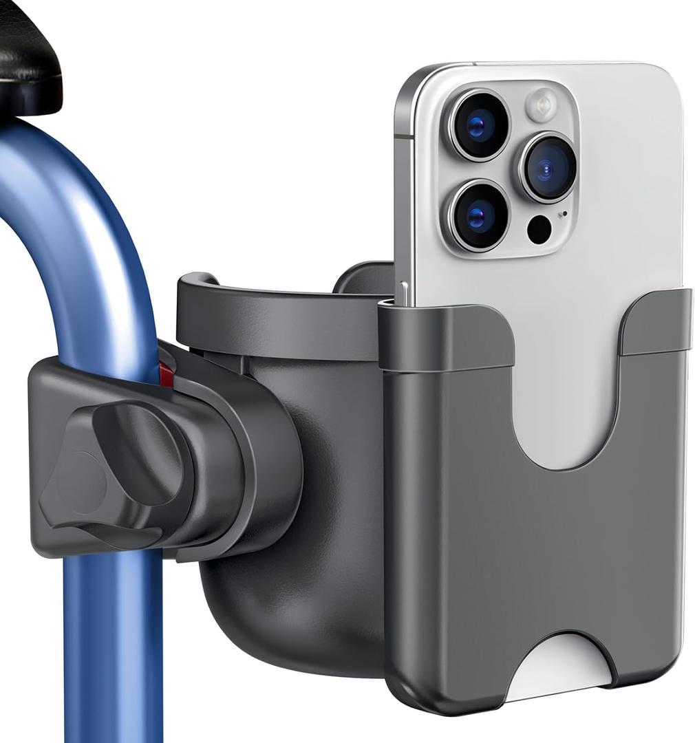 Guiseapue Cup Holder for Walker, Wheelchair Cup Holder with Phone Holder, Rollator Accessories for Seniors & Adults, Drink Holder for Rolling Walker, Wheelchair, Bike, Mobility Scooter, Stroller (Black)