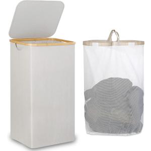 Laundry Basket with Lid, 110L Laundry Hamper with Bamboo Handle,Clothes Basket Organizer with Removable Inner Bag for Clothes Toys Towels,Light Grey