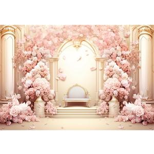 7x5ft Pink Floral Wall Backdrop Girls Rose Bridal Shower Palace Wedding Anniversary Flowers Baby Shower Party Decorations Photography Background Photo Shoot Props