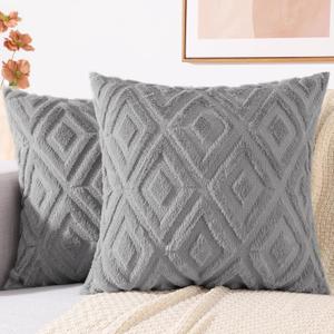 decorUhome Spring Couch Throw Pillow Covers 20x20 Set of 2, Decorative Soft Plush Faux Fur Wool Accent Pillow Covers for Modern Farmhouse Bed Sofa Living Room, Grey