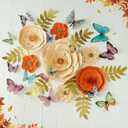 Large Paper Flowers Decorations for Wall, Artificial 3D Flower Wall Decor with Butterfly Sticker Orange Champagne Floral Wall Decal for Classroom Spring Garden Tea Bulletin Board Decorations