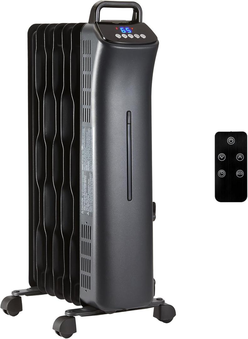 Amazon Basics Portable Oil Space Heater with Remote Control, 7 Oil-Filled Fins, Adjustable Thermostat, 3 Heat Settings, Tip-Over and Overheat Protection, ETL Safety Certificate, 1500W, Black