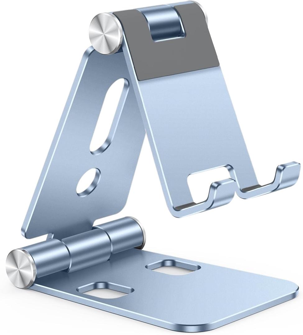 OMOTON Foldable Cell Phone Stand, C4 Portable Aluminum Phone Holder, Adjustable Phone Dock Cradle Compatible with iPhone 17/16/15 Pro Max Air, Samsung Galaxy, Small Tablets, Smart Phones, Light Blue