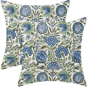 Vintage Blue Sage Green Floral Pillow Covers 18 x 18 Inch Set of 2 Boho Flowers Throw Pillows Outdoor Decorative Spring Summer Farmhouse Pillowcase Linen Cushion Cases for Bed Sofa Couch