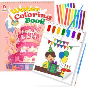 2 x Paint with Water Coloring Books for Toddlers, Watercolor Painting Book and Drawing Art Paper for Kids Ages 3 4 5 6 7 8 Years Old, Happy Birthday Art Craft for Drawing with Brush