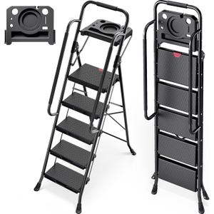 KINGRACK 5 Step Ladder, Folding Step Stool for Adult with Tool Platform, Handrails, Wide Anti-Slip Pedals, Pass 800lbs Load Testing， Portable Safety Step Stool for Home, Kitchen, Black