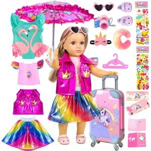 WONDOLL 18-inch-Doll-Clothes and Travel Suitcase Play Set Accessories - Including Luggage, 2 Sets of Doll-Clothes and Shoes, Umbrella Sunglasses Camera Travel Pillow Blindfold Passport Tickets