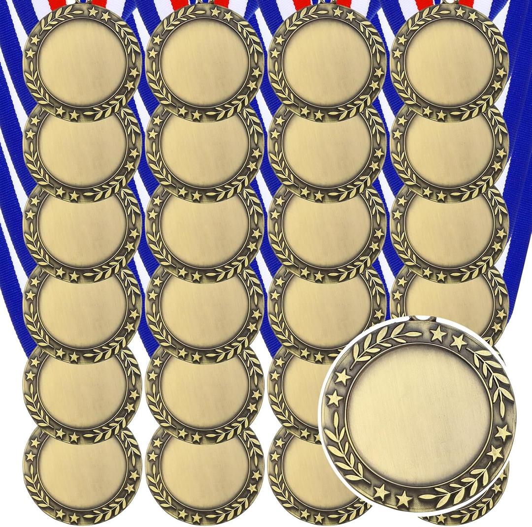 24 Pcs Blank Award Medals with Neck Ribbons Winner Participation Medal Awards Make Your Own Kit 1st Place Cheer Participation Trophy Metal Prize Gift