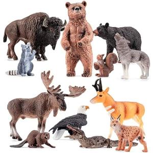 THINKBAY 11PCS Large North American Animal Figurines, Realistic Safari Woodland Jungle Animals Figures Toys Includes Crocodile,Wolf,Bear,Deer, Birthday Gift Party Favors Valentine's Day Gifts for Kids