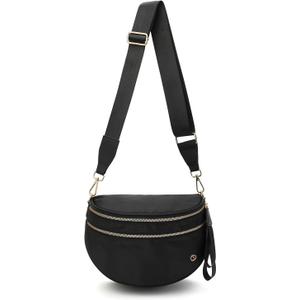 Spacious Crossbody Bag Nylon Bum Bag for Women Fanny Packs Handbags with Adjustable Straps (Black)