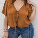 SHENHE Women's Plus Size Tie Front Tops Flounce Sleeve Deep V Neck Crop Casual Blouse Top (Brown, XXL)