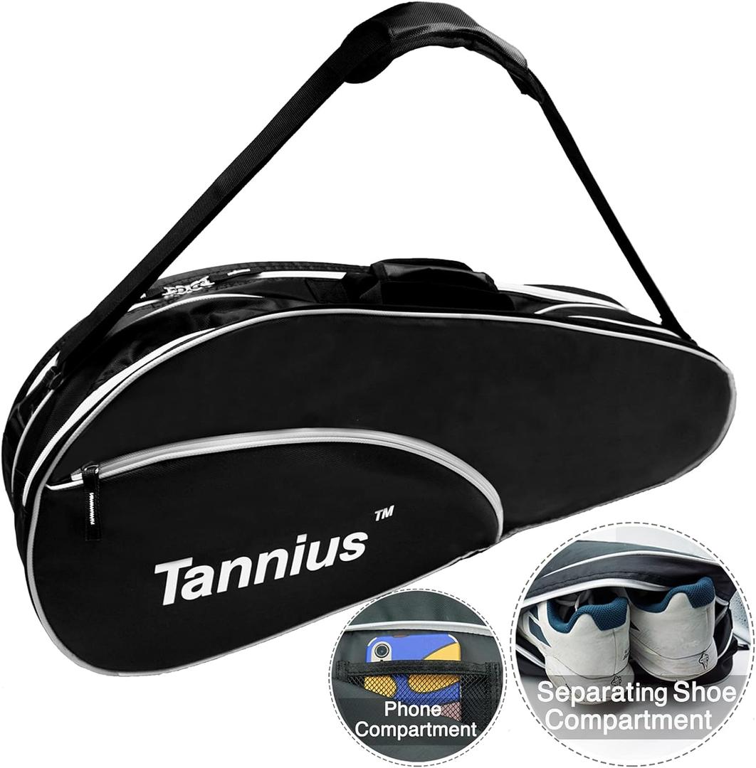 Tennis Racket Bag (3-5 Racquet), with Shoe & Phone Compartment and Protective Pad, Super Roomy and Lightweight Racquet Bag for Tennis, Badminton (Black)
