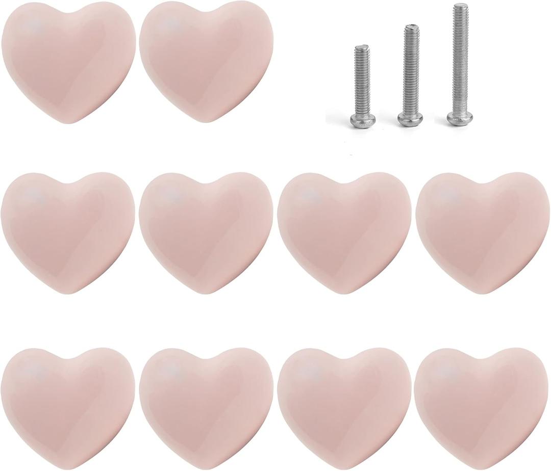 Ceramic Drawer Knobs Heart Shape Cabinet Dresser Pulls Handles with 3 Sized Screws, Kitchen Furniture Knobs for Closet Cupboard Wardrobe (10 Pack, Power Pink)
