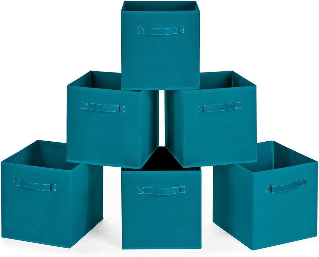 MaidMAX Cloth Storage Bins, Set of 6 Foldable Collapsible Fabric Cubes Organizers Basket with Dual Handles, Teal