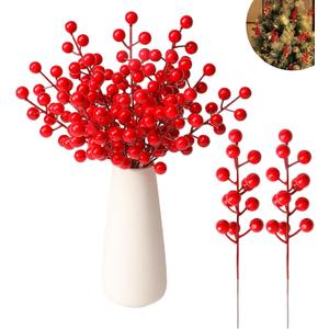 Kisflower 50 PCS Christmas Artificial Red Berry Stems Fake Holly Berry Pick for Christmas Tree Decorations DIY Crafts Xmas Ornaments Wedding Holiday Home Decor