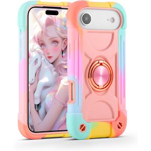 MARKILL Compatible with iPhone Air Case 6.5 Inch 2025 with 360 Degree Rotate Ring Stand, Military Grade Drop Protection Full Body Rugged Protective Case Kids (Rainbow Pink)