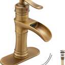 Waterfall Bathroom Faucet Antique Brass GGStudy Single Handle One Hole Farmhouse Bathroom Vanity Faucet Basin Mixter Tap Deck Mount with Drain Assembly (Short)