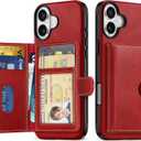 SHIELDON Wallet Case for iPhone 16 Plus 6.7" 2024, Genuine Leather Non-Detachable Magnetic RFID Blocking Card Holder, Slim Shockproof Protective Case Compatible with iPhone 16 Plus - Retro Red