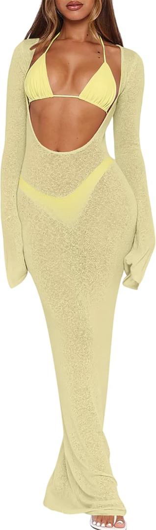 3 Piece Swimsuits for Women Sexy Halter Triangle Thong Bikini Sets with Sheer Mesh Beach Cover Up Dress Vacation Outfits (Yellow, S)