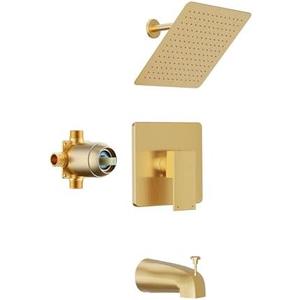 HoliSpa Shower Faucet Set, Gold Tub Shower Faucet with All-Metal 8-Inch Rainfall Showerhead and Bathtub Spout, Single-Handle Tub Shower-Trim Kit with Valve, Brushed Gold