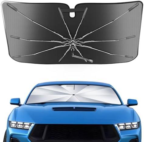 Portable Ford Mustang 2015-2026 Windshield Sunshade Umbrella with Carry Bag, 2 in1 Ice Crystal Durable Compact Shade Umbrella UPF50+ Front Window Heat Insulation Protection Accessories Outdoor Camping Silver And Black