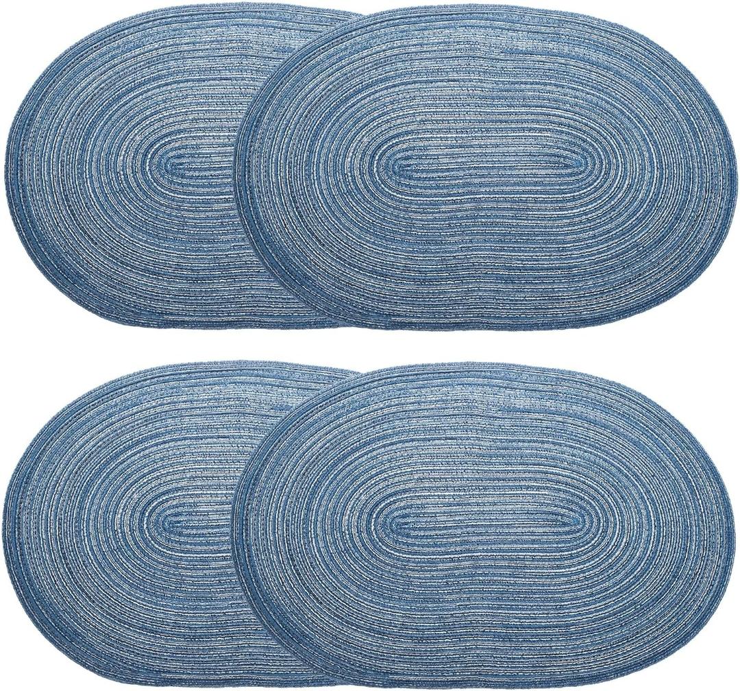 HARFINGTON 6pcs Oval Braided Placemats 20" Non-Slip Oval Table Mats for Dining Tables Washable Heat Insulation Woven Placemats Indoor Outdoor for Family Holiday Dinner, Dark Blue