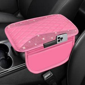 NBTEPEM Bling Pink Car Center Console Cover, Leather Middle Console Cover with 2 Storage Bags, Universal Arm Rest Cover Protector, Bling Car Accessories Interior Fit for Most Vehicles, Pink Leather