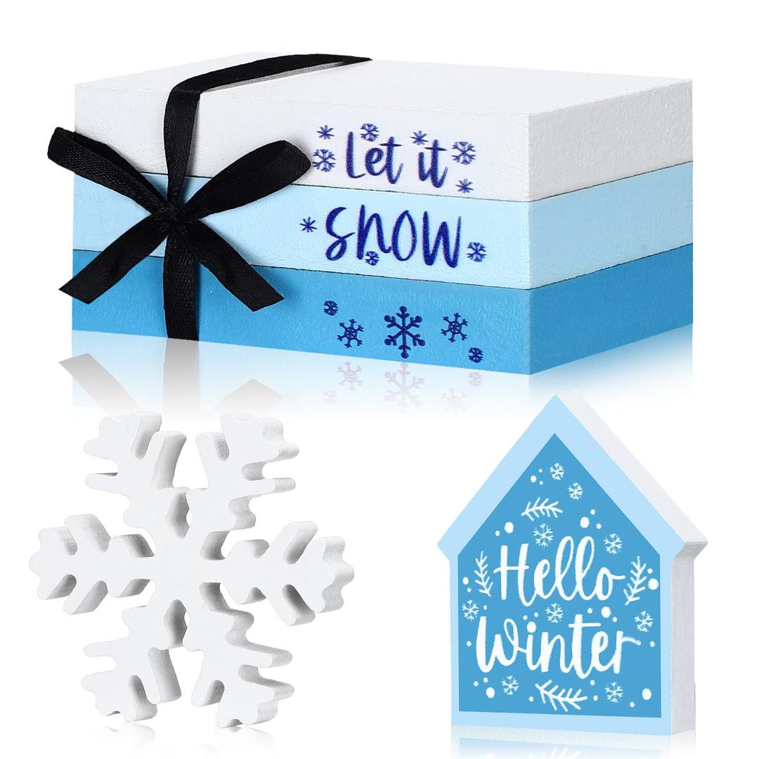 Blulu 5 Pcs Snowflake Table Decoration Hello Winter Tiered Tray Decor Let It Snow Wood Sign Blue White Farmhouse Faux Books Bundle Winter Wonderland Centerpieces for Home Shelf Kitchen Bathroom Decor