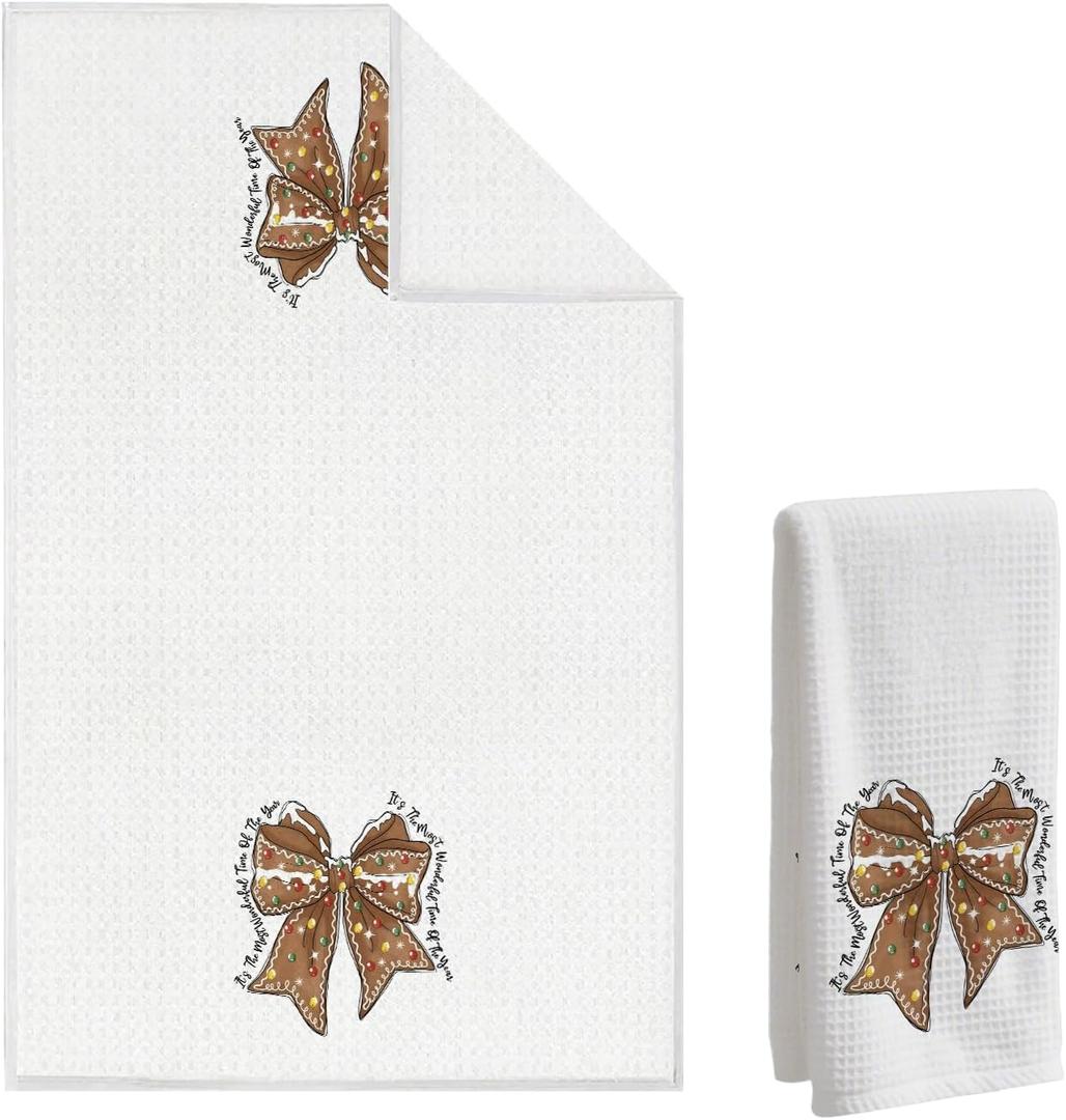 Gingerbread Bow Christmas Waffle Towel, Cookie Hand Towel, Holiday Dish Tea Towels. 16x24 Inch. Decor for Christmas Kitchens/Bathrooms. Gift for Bakers & Women. (White Christmas-06)