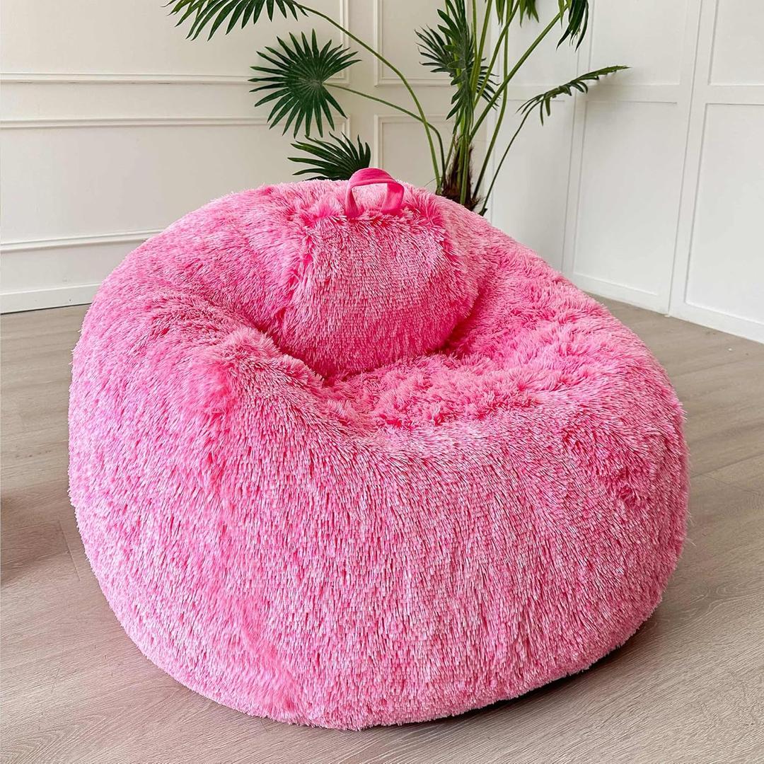 LIFEREVO Fluffy Faux Fur Bean Bag Chair Cover (No Filler), Ultra-soft Stuffed Animal Storage Bean Bag Cover for Kids Girls, Premium Furry Beanbag Cover for Organizing or Plush Toys (Ombre Hot Pink) (Large)