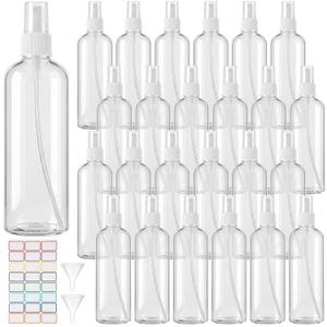 24 Pack 10 oz Clear Plastic Spray Bottles Set with 6 Funnels & 24 Color Labels- Fine Mist Plastic Sprayer, Empty Refillable Bottles with Pump Spray Cap for Essential Oils, Travel, Perfumes