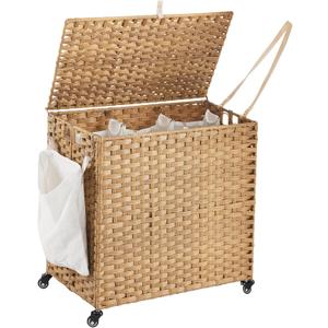 Laundry Hamper with Wheels, 39.6 Gallon(150L) Rolling Laundry Basket with Lid, 3-Section Rattan Clothes Hamper with 3 Removable Liner & 3 Mesh Bags, Laundry Sorter with Side Pocket, Natural