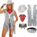 GERVAISE Womens Western Cowgirl Costume 70s Hippie Tassels Fringe Vest outfit Hat 5pcs (Small, Silver)