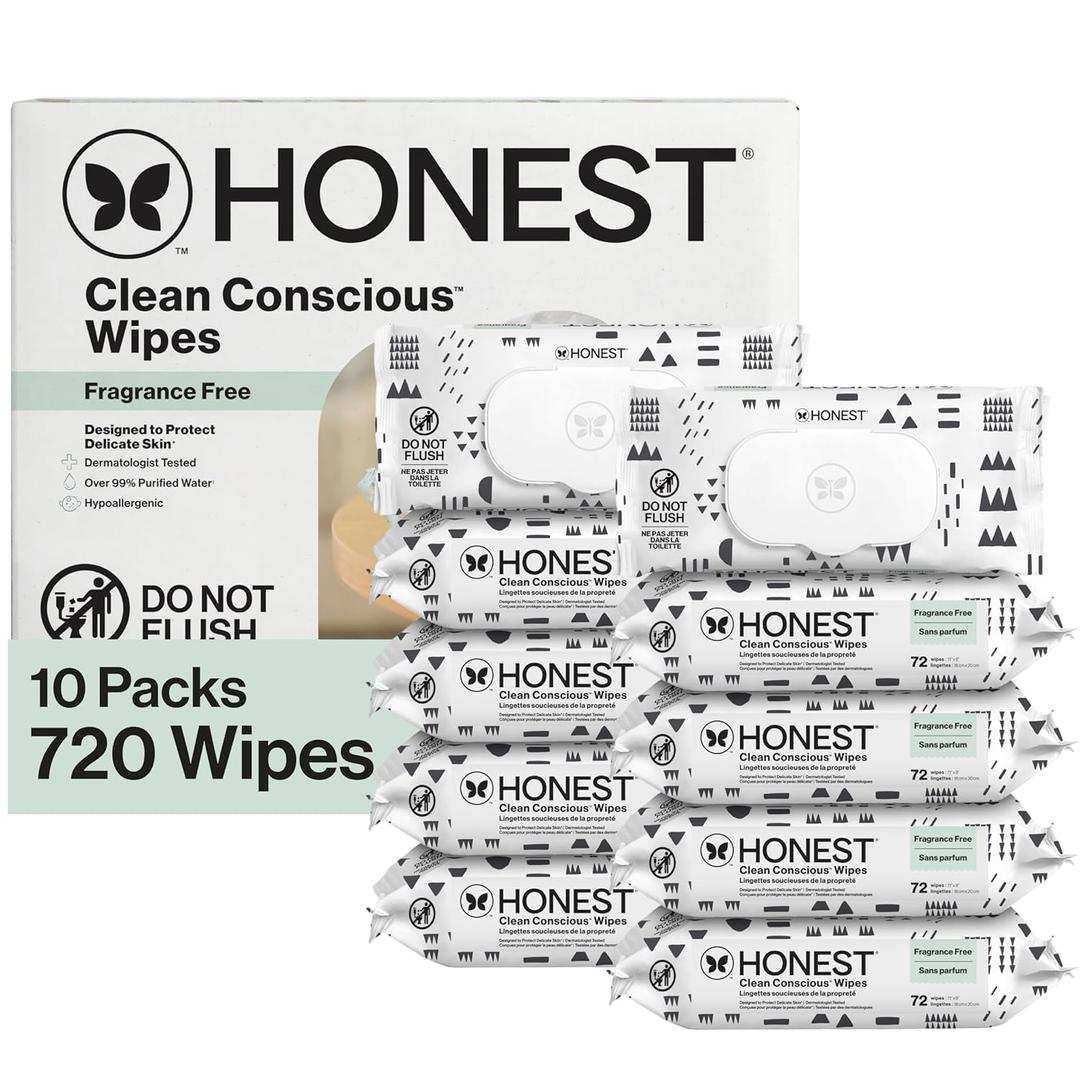The Honest Company Baby Wipes for Sensitive Skin, Hypoallergenic, Fragrance-Free, Multi-Use, Pattern Play Design, 720 Count (10 Packs of 72)
