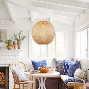 Arturesthome 15.7" Bamboo Pendant Lights, Round Wicker Chandelier, Hand-Woven Boho Basket Lampshade Hanging Ceiling Light for Kitchen Island Living Room, W 15.7in * H 14.1in