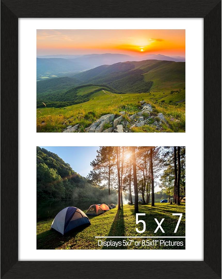 Lacopgr 5x7 Double Picture Frame Collage 2 Openings, Black Wood Frame | Holds 2 5x7 Photos or 8.5x11 Picture, Multi Photo Collage Frame Wall/ Table Decor Wooden, Horizontal & Vertical, White Mat