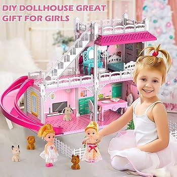 Dollhouses, Dreamhome Furniture Pink Girl Toys, 2 Stories 3 Rooms Dollshouse with 2 Princesses Slide Accessories, Toddler Playhouse Gift for for 3 4 5 6 7 8 9 10 Year Old Girls Toys