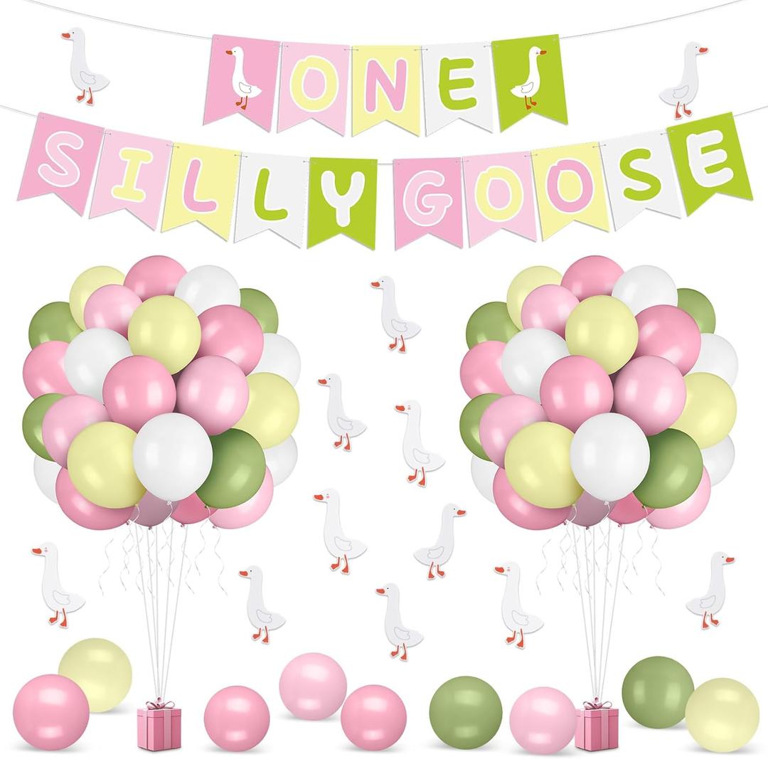 65 Pcs One Silly Goose 1st Birthday Party Decoration Include Silly Goose 1st Banner 12 Inches Balloons and Stickers for First Baby Shower Birthday Party Decorations(Pink Green)