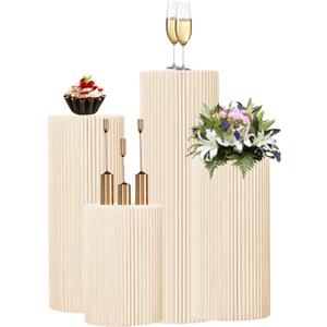 4Pack Cylinder Pedestal Stand, Round Display Cupcake Dessert Table with Clear Acrylic Plate, Foldable Showcase Platform Column for Wedding Banquet Decorative (Beige)