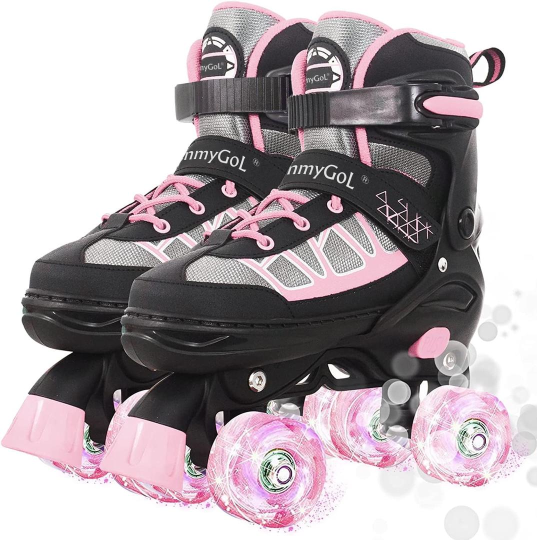 MammyGol Roller Skates for Kids Boys Girls, Adjustable Quad Skates with Light Up Wheels for Toddler Little Kids Ages 6-12, Beginners Outdoor Sports (Pink)
