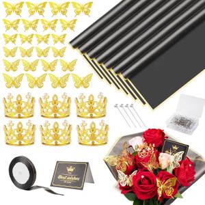 MAGIDOVE 156PCS Bouquet Wrapping Paper Flower Bouquet Accessories with Pins Ribbons 3D Butterflies Mini Crowns Topper Greeting Cards
