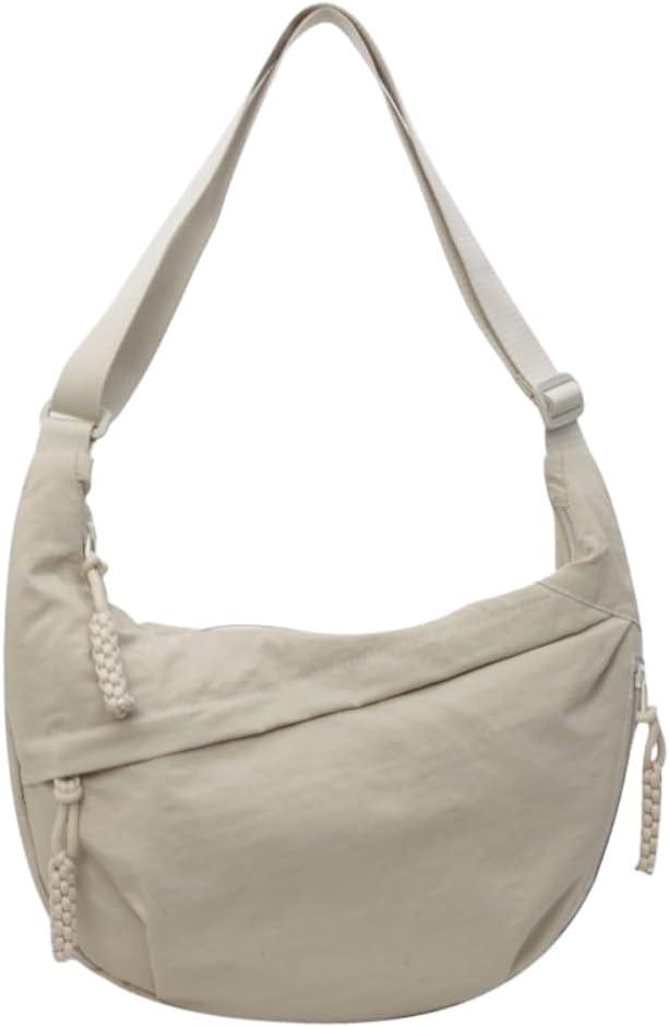 Nylon Crossbody Bags for Women, Trendy Medium Crescent Bag, Lightweight Woman Over Shoulder Purse with Zipper (Beige)