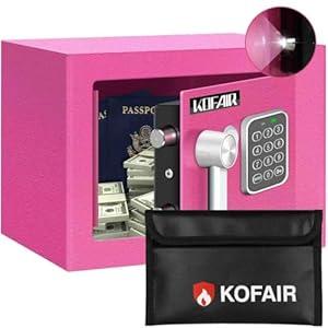 KOFAIR Safe Box for Home Safe (0.23 Cubic Feet) with Fireproof Bag, Personal for Money Safe for Cash Saving, Mini Safety with Key, Digital Safety with Light, Money Lock Box (Pink)