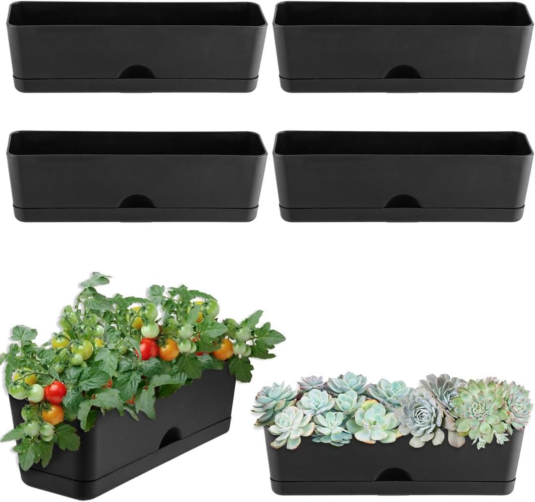 6 Pack Rectangle Planter 16x4.4 Inch Window Boxes Planters Rectangular Large Window Sill Planters Indoor Self Watering Plant Pots with Drainage Holes and Saucers Succulent Herb Flower Pots, Black