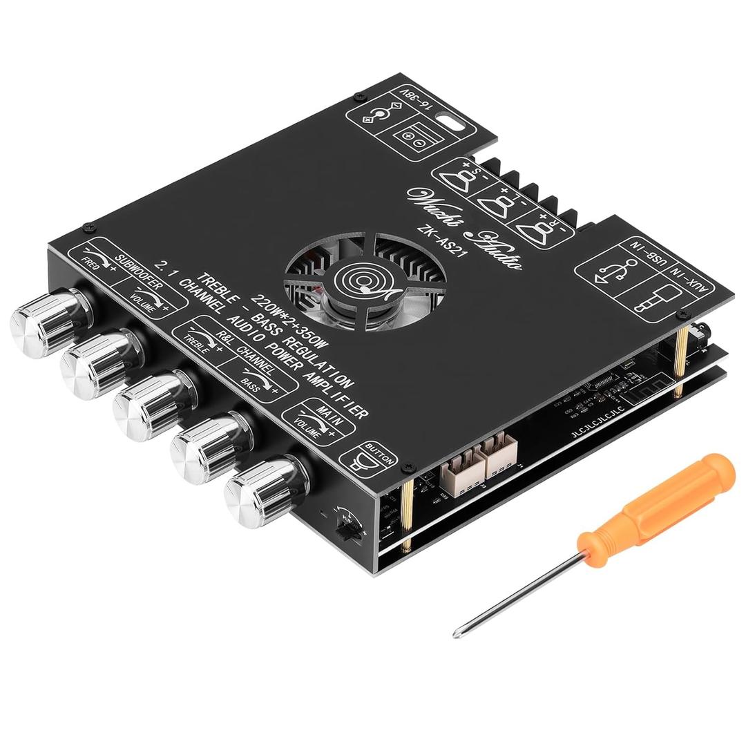 Mini Amplifier Audio Amplifier Board ZK-AS21 2.1 Channel Module 220W x 2 + 350W Digital Receiver Power DC16-38V High Subwoofer Control USB AUX Etc Inputfor DIY Speakers Home Audio